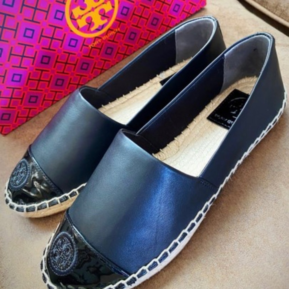 Tory Burch Black Cap-toe Colorblock Leather Espadrilles Flats
